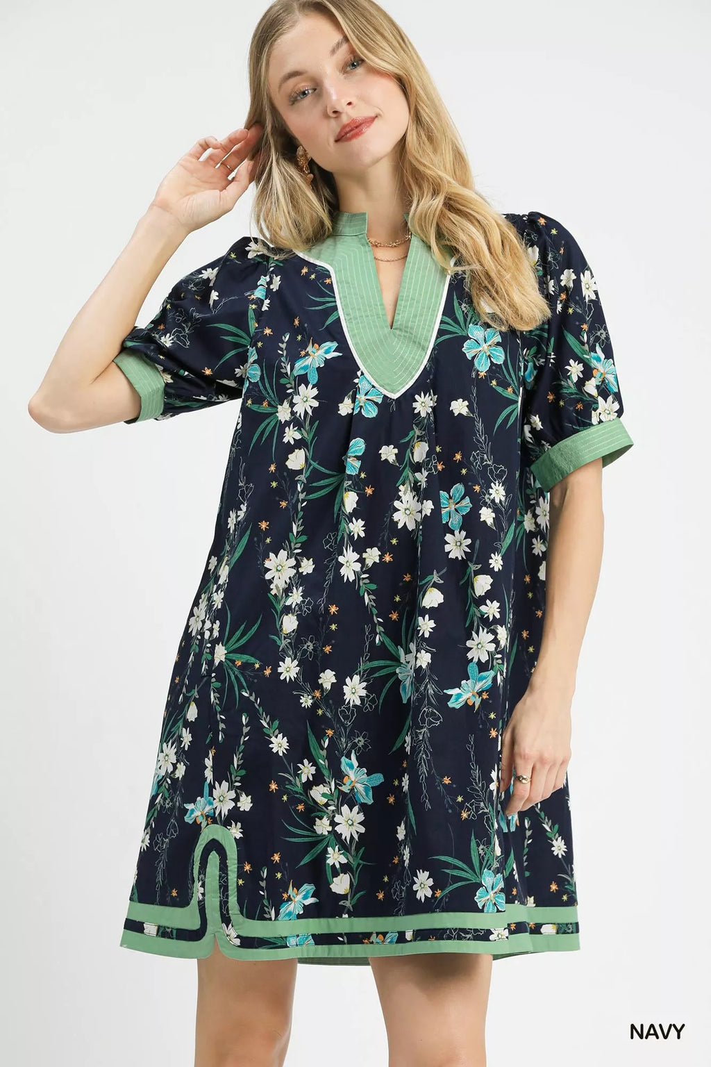 Umgee Floral Puff Sleeve Dress with Contrast Trim - Trendsi | Lola Mariee