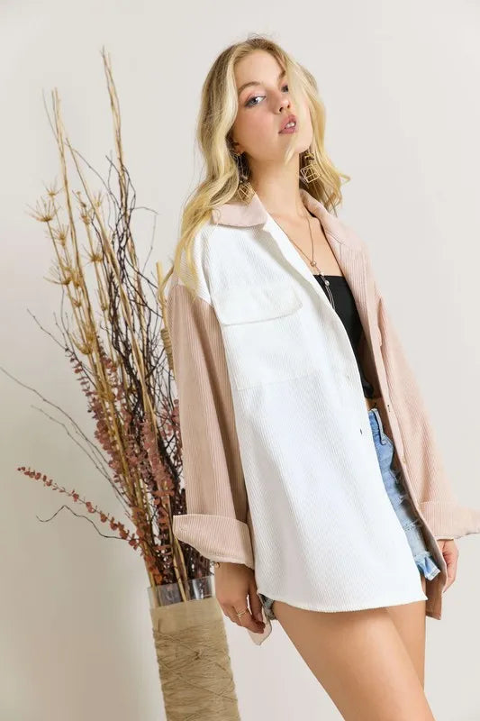 ADORA Color Block Corduroy Shacket – view 2 | Lola Mariee