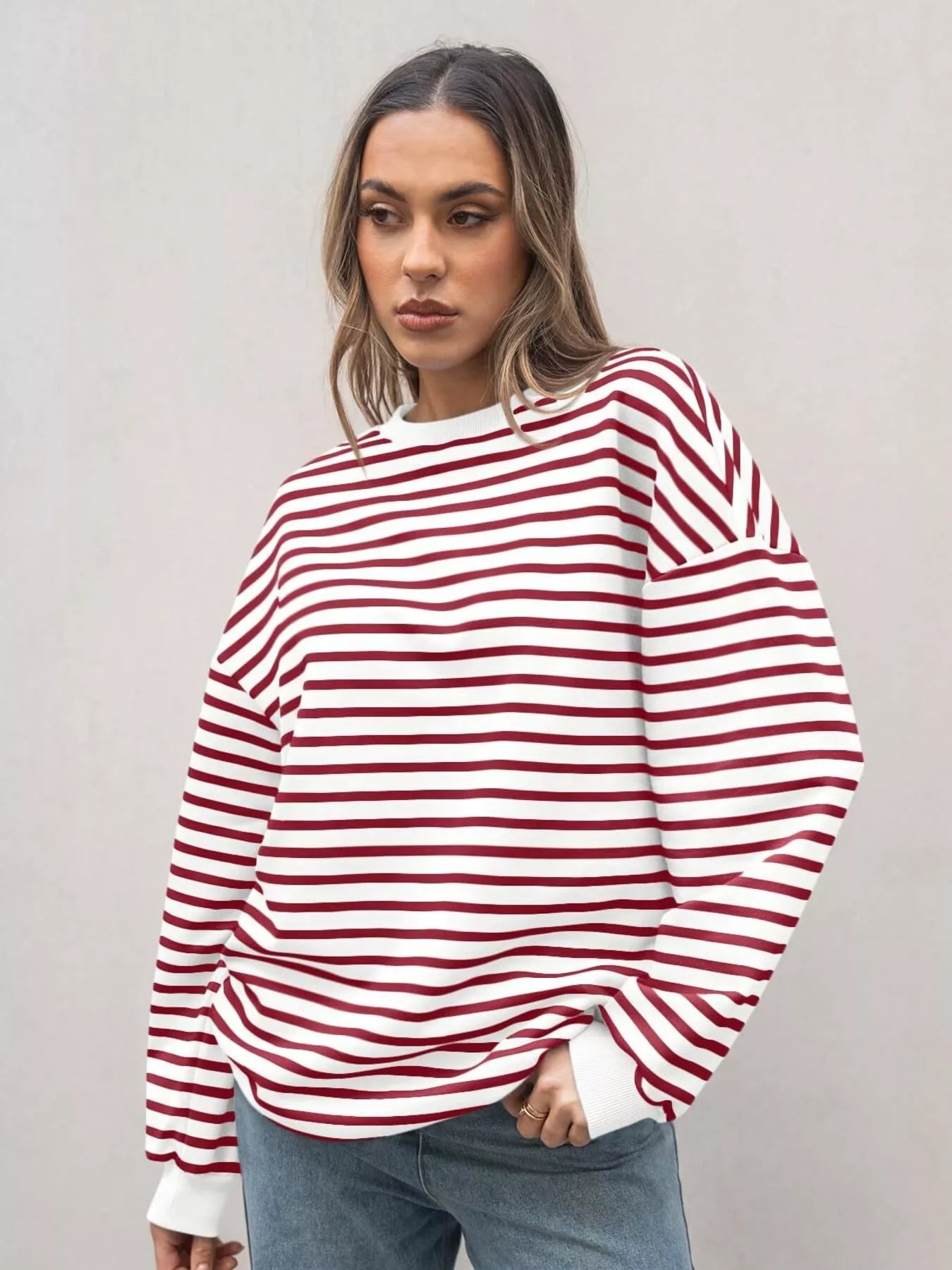 Striped Round Neck Oversized Casual Sweatshirt - Trendsi | Lola Mariee