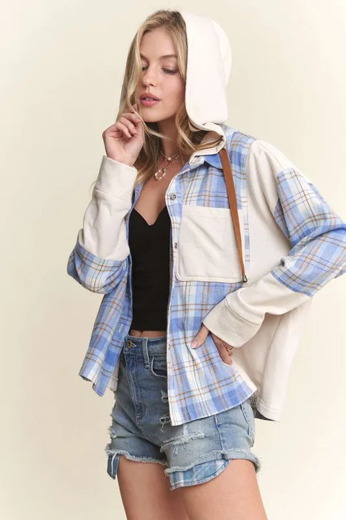 ADORA Button Down Plaid Hoodie Shacket – view 2 | Lola Mariee