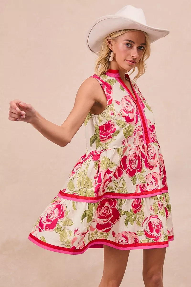 BiBi Floral Woven Contrast Edge Tiered Ruffle Mini Dress – view 2 | Lola Mariee