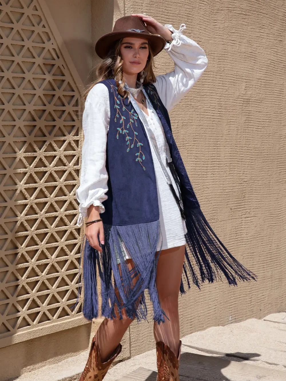 Faux Suede Fringe Hem Open Front Vest – view 6 | Lola Mariee