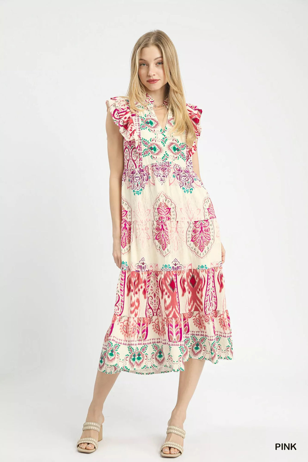 Umgee Boho Boarder Print Ruffle Midi Dress - Trendsi | Lola Mariee
