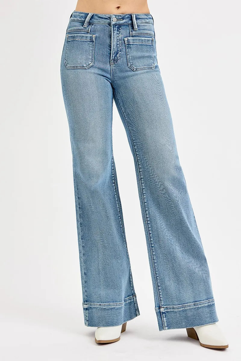 RISEN Full Size High Rise Wide Flare Patch Pocket Jeans Plus Size - women's bottoms at Lola Mariee boutique