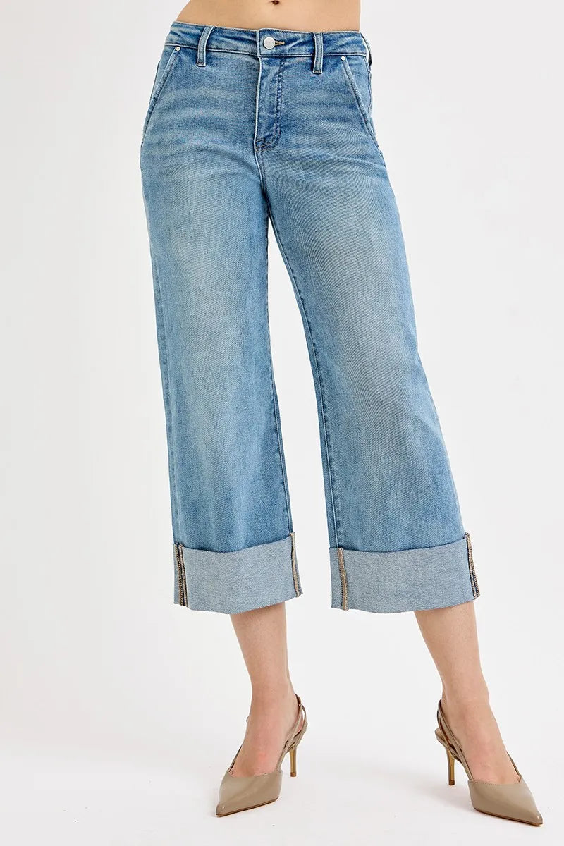 RISEN Full Size Tummy Control High Rise Ankle Wide Cuffed Jeans Plus Size - women's bottoms at Lola Mariee boutique