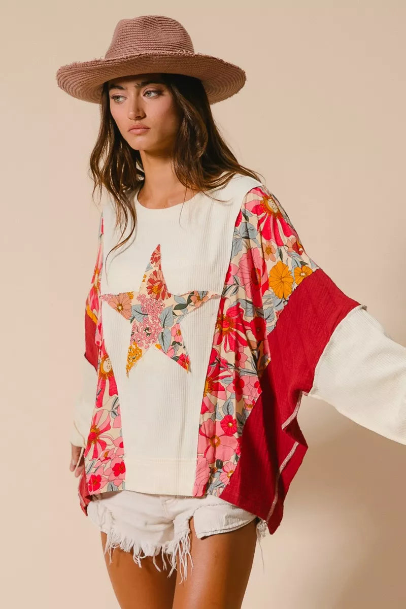 BiBi Floral Print Mixed Star Patch Round Neck Sweatshirt - Trendsi | Lola Mariee
