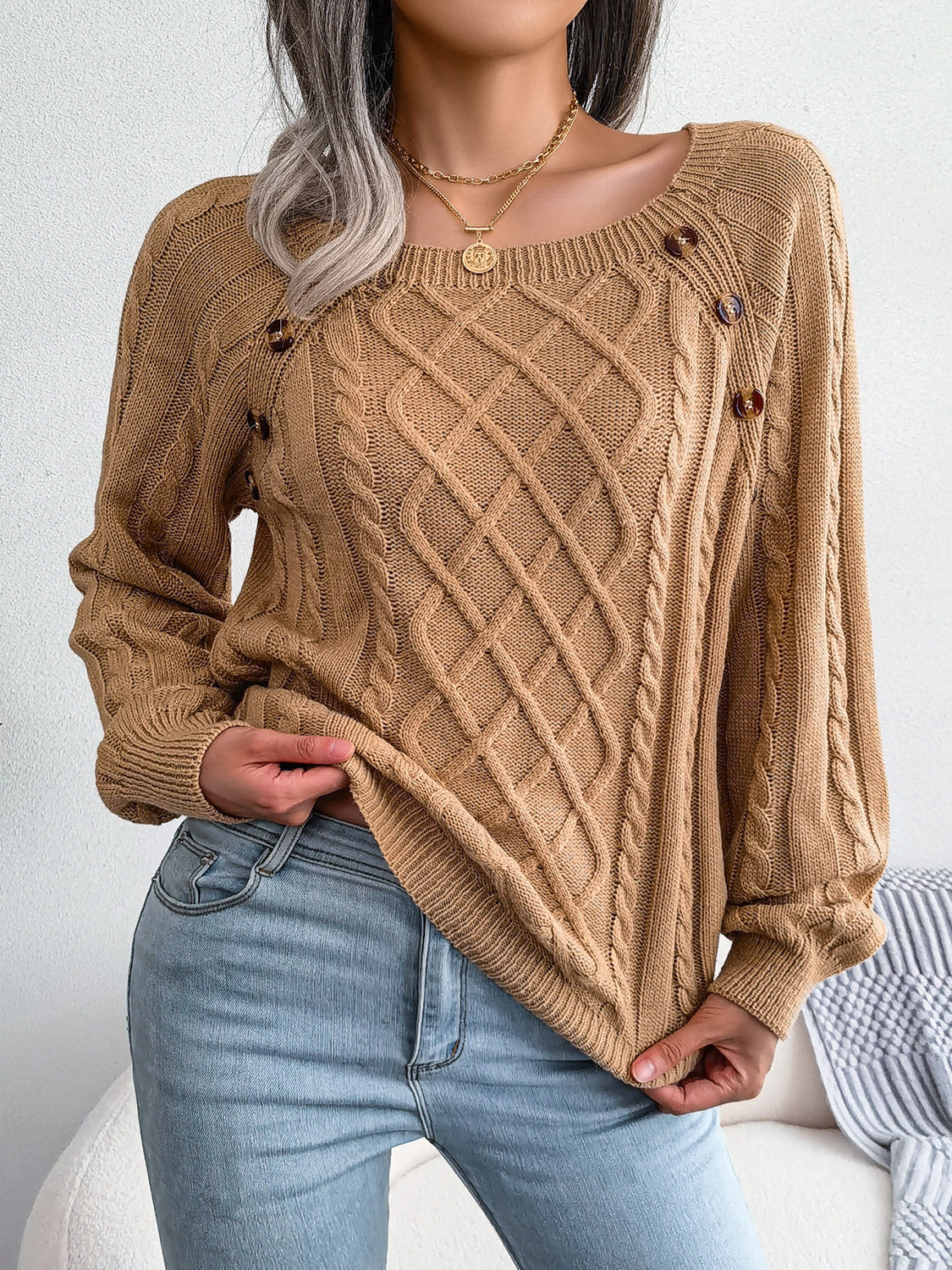 Decorative Button Cable-Knit Sweater | Lola Mariee