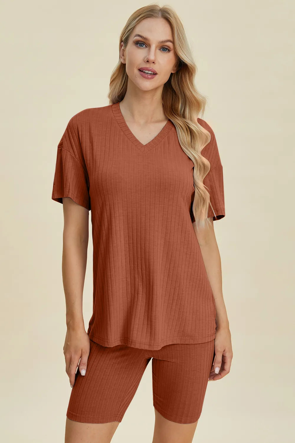 Basic Bae Full Size Ribbed V-Neck Short Sleeve Top and Shorts Set – view 5 | Lola Mariee