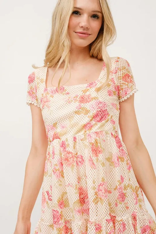 And The Why Square Neck Tiered Floral Fishnet Dress – view 2 | Lola Mariee