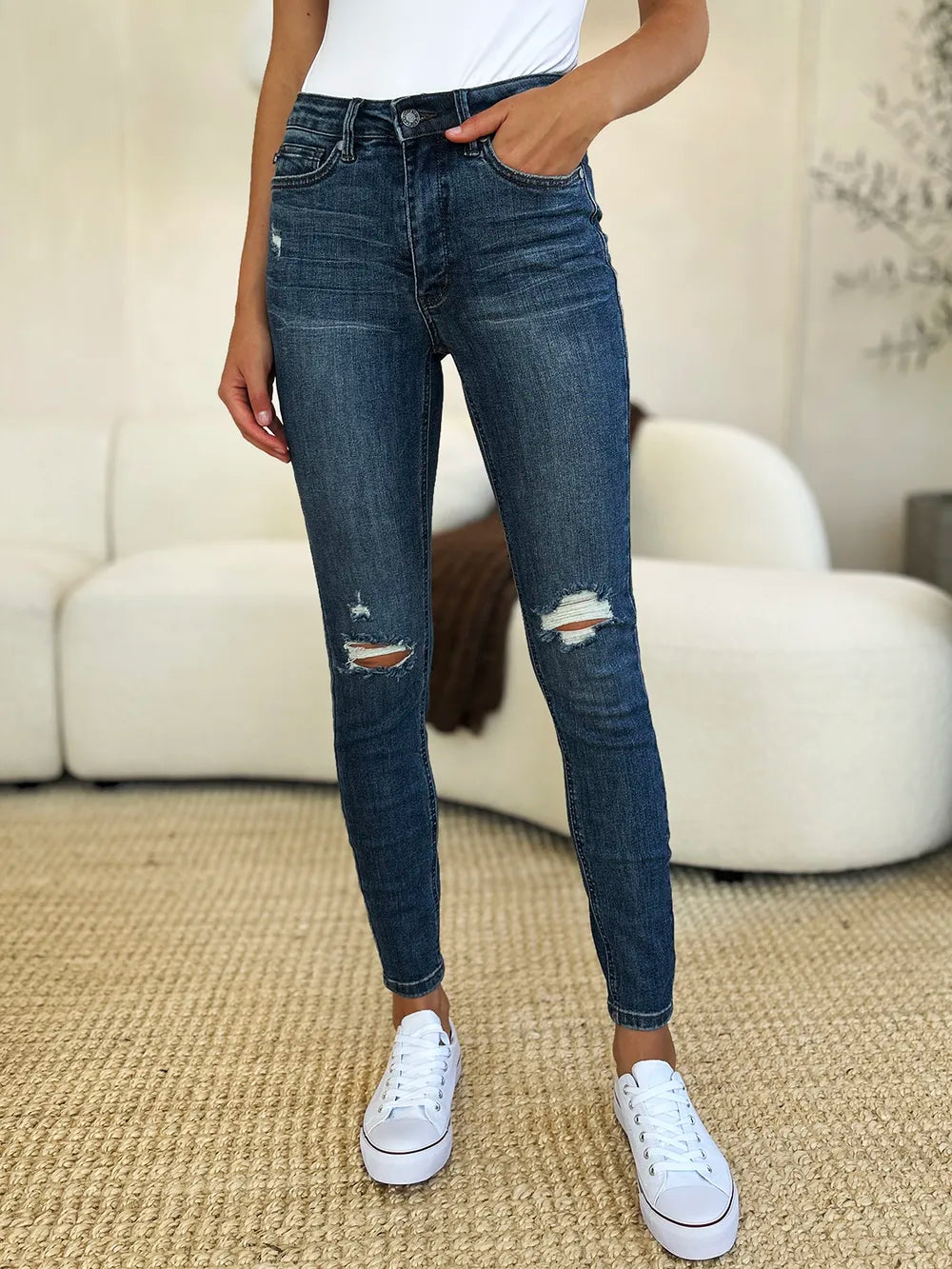 Judy Blue Full Size Mid Waist Distressed Slim Jeans - women's bottoms at Lola Mariee boutique