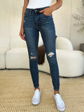 Judy Blue Full Size Mid Waist Distressed Slim Jeans - women's bottoms at Lola Mariee boutique