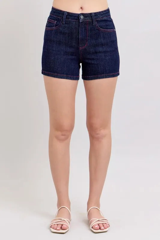 Judy Blue Full Size High Waist Heart Shaped Pkts & Red Contrast Thread Denim Shorts Plus Size - women's bottoms at Lola Mariee boutique