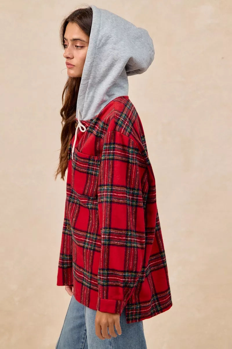 BiBi Brushed Plaid Hooded Jacket - Trendsi | Lola Mariee
