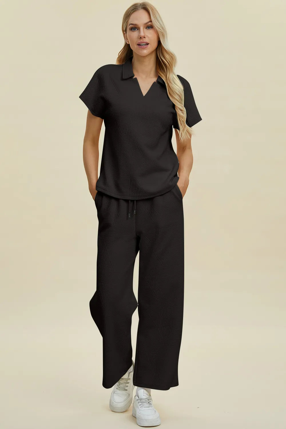 Double Take Full Size Collared Neck Short Sleeve Top and Pants Set – view 9 | Lola Mariee