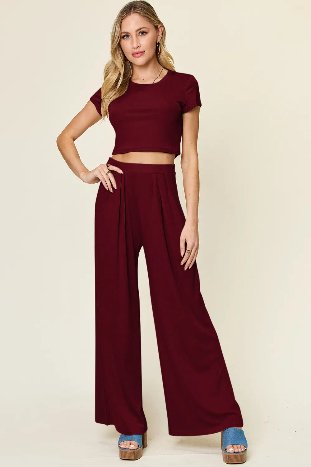 Double Take Full Size Round Neck Top and Pants Set – view 7 | Lola Mariee