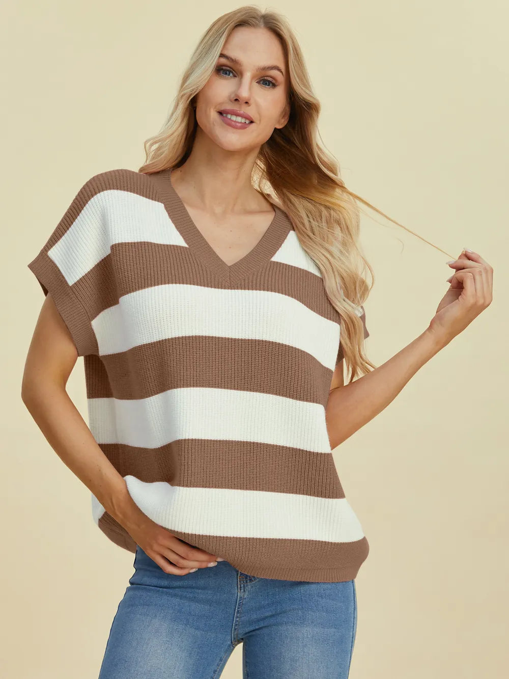 Double Take Full Size Striped V-Neck Short Sleeve Sweater – view 10 | Lola Mariee