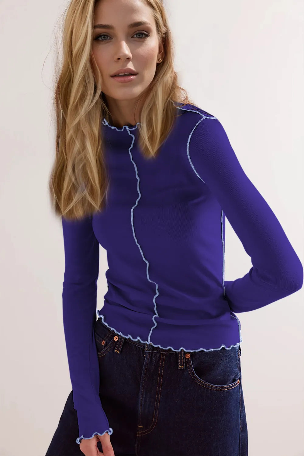 Basic Bae Contrast Trim Mock Neck Long Sleeve T-Shirt – view 6 | Lola Mariee