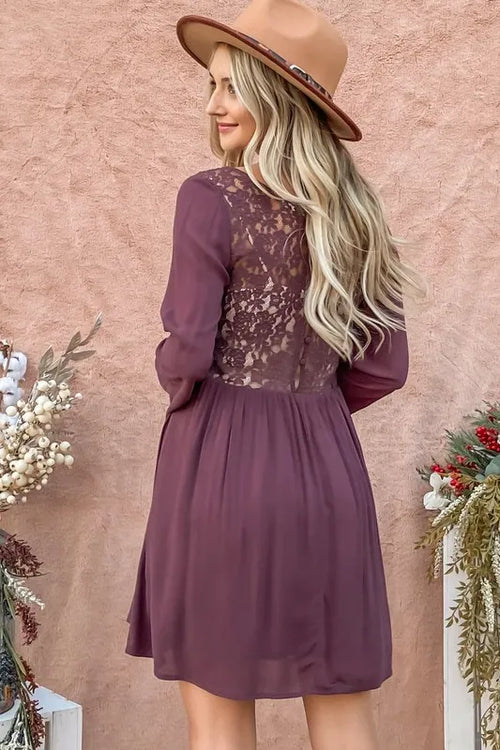 And The Why Back Lace Button Down Detail Bell Sleeve Dress – view 2 | Lola Mariee