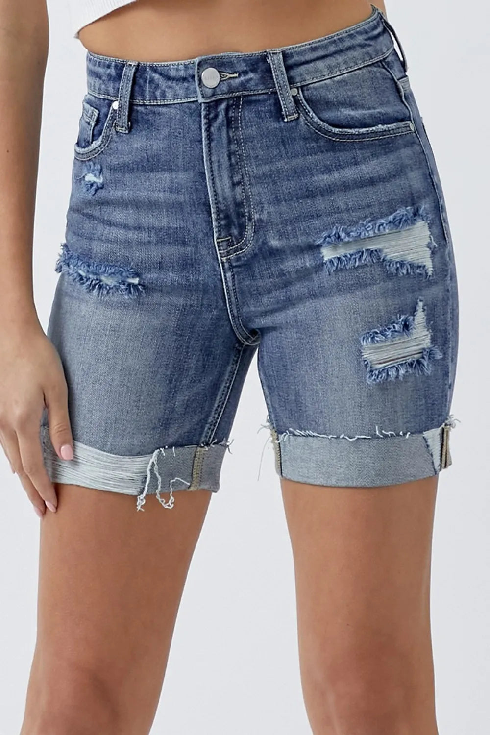 RISEN Full Size Distressed Rolled Denim Shorts with Pockets - LOLA MARIEE | Lola Mariee