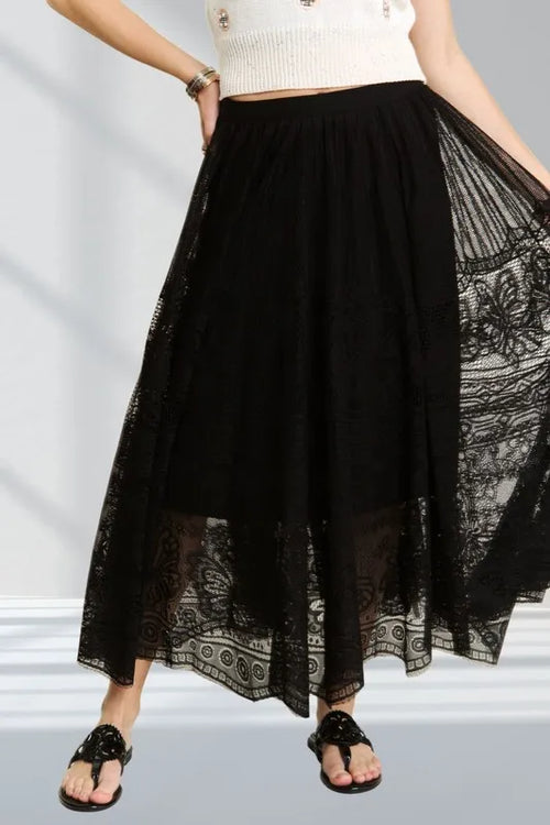ADORA Elastic Waist Raw Hem Lace Maxi Skirt | Lola Mariee