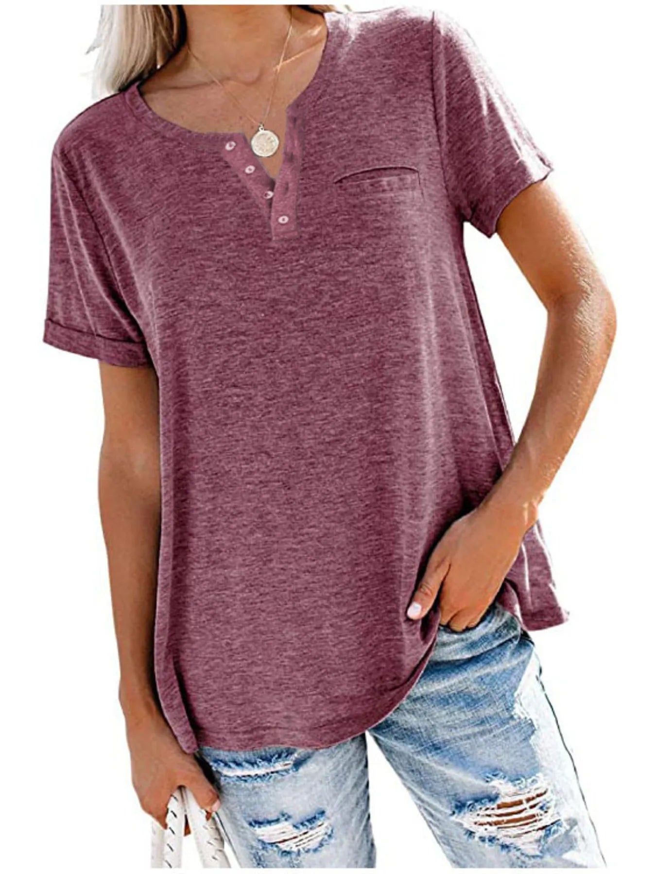 Full Size Notched Short Sleeve T-Shirt Plus Size – view 7 | Lola Mariee