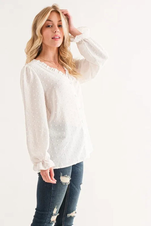 And The Why Polka Dot Ruffle Detailed Blouse Top – view 2 | Lola Mariee