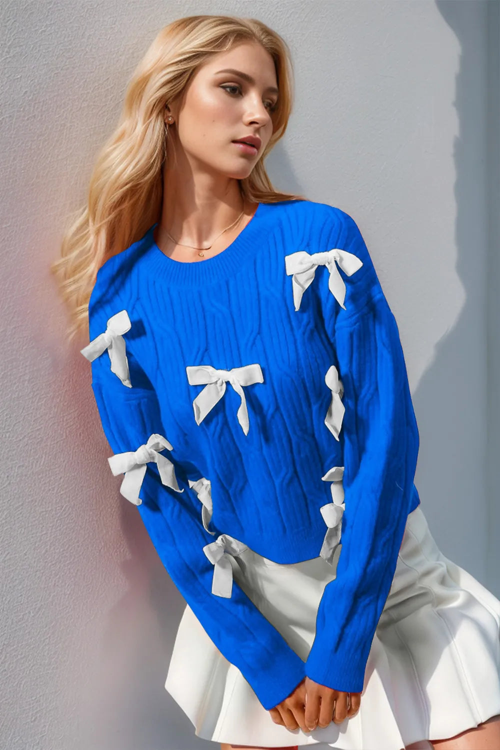 Double Take Full Size Bow Cable-Knit Round Neck Sweater – view 3 | Lola Mariee