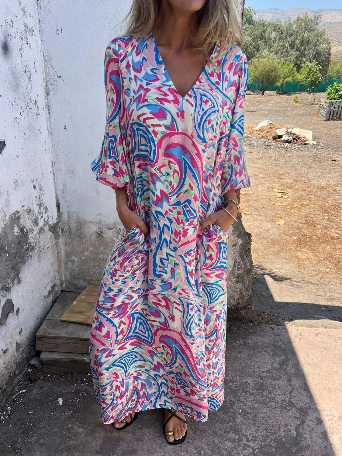 Full Size Printed V-Neck Dress with Pockets Plus Size – view 4 | Lola Mariee