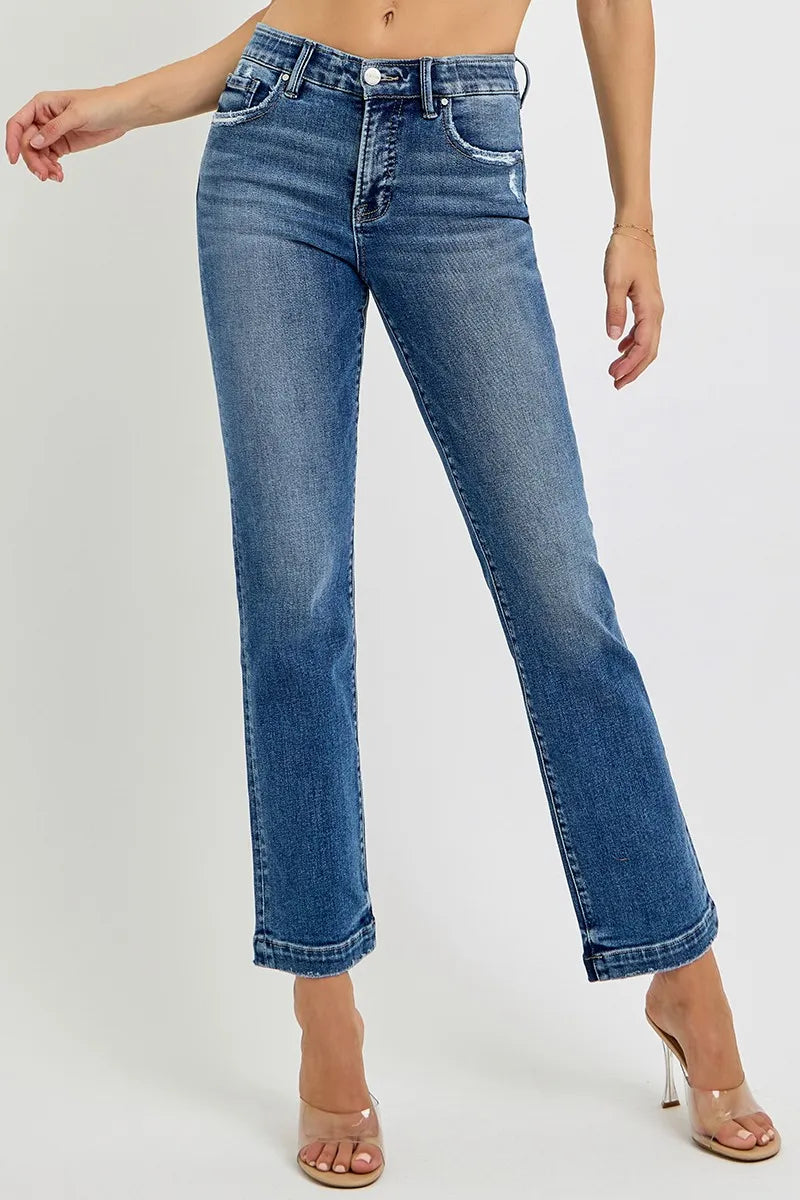 RISEN Full Size Tummy Control Elastic Band Mid Rise Straight Jeans Plus Size - women's bottoms at Lola Mariee boutique