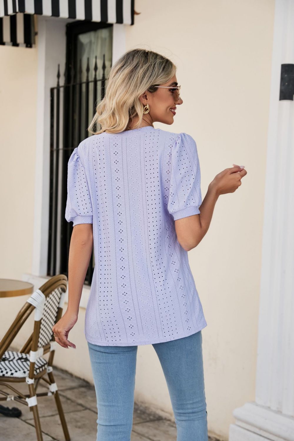 Eyelet Puff Sleeve V-Neck Top - Trendsi | Lola Mariee
