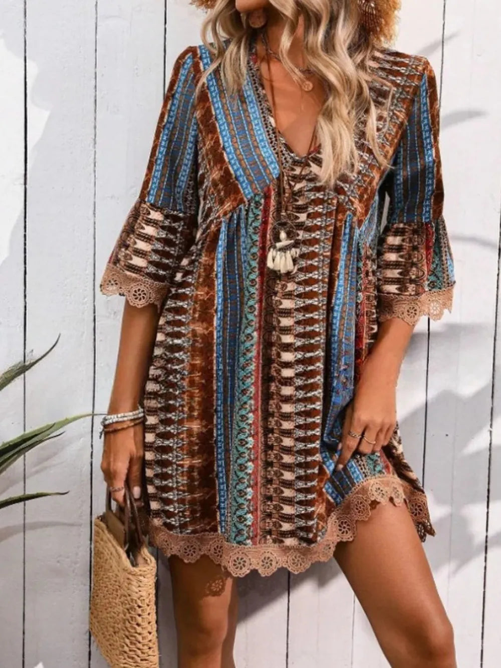 Lace Trim Printed V-Neck 3/4 Sleeve Dress – view 10 | Lola Mariee