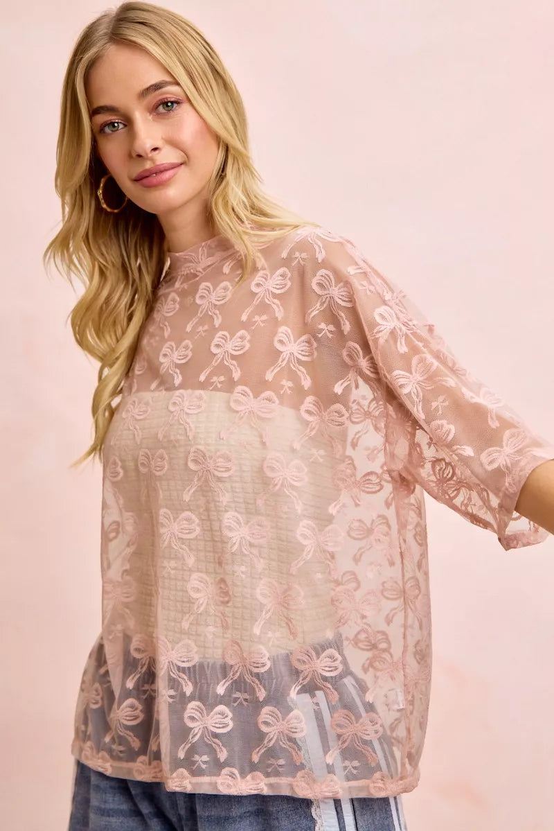 BiBi Bow Pattern Short Sleeves Boxy Mesh Top - Trendsi | Lola Mariee
