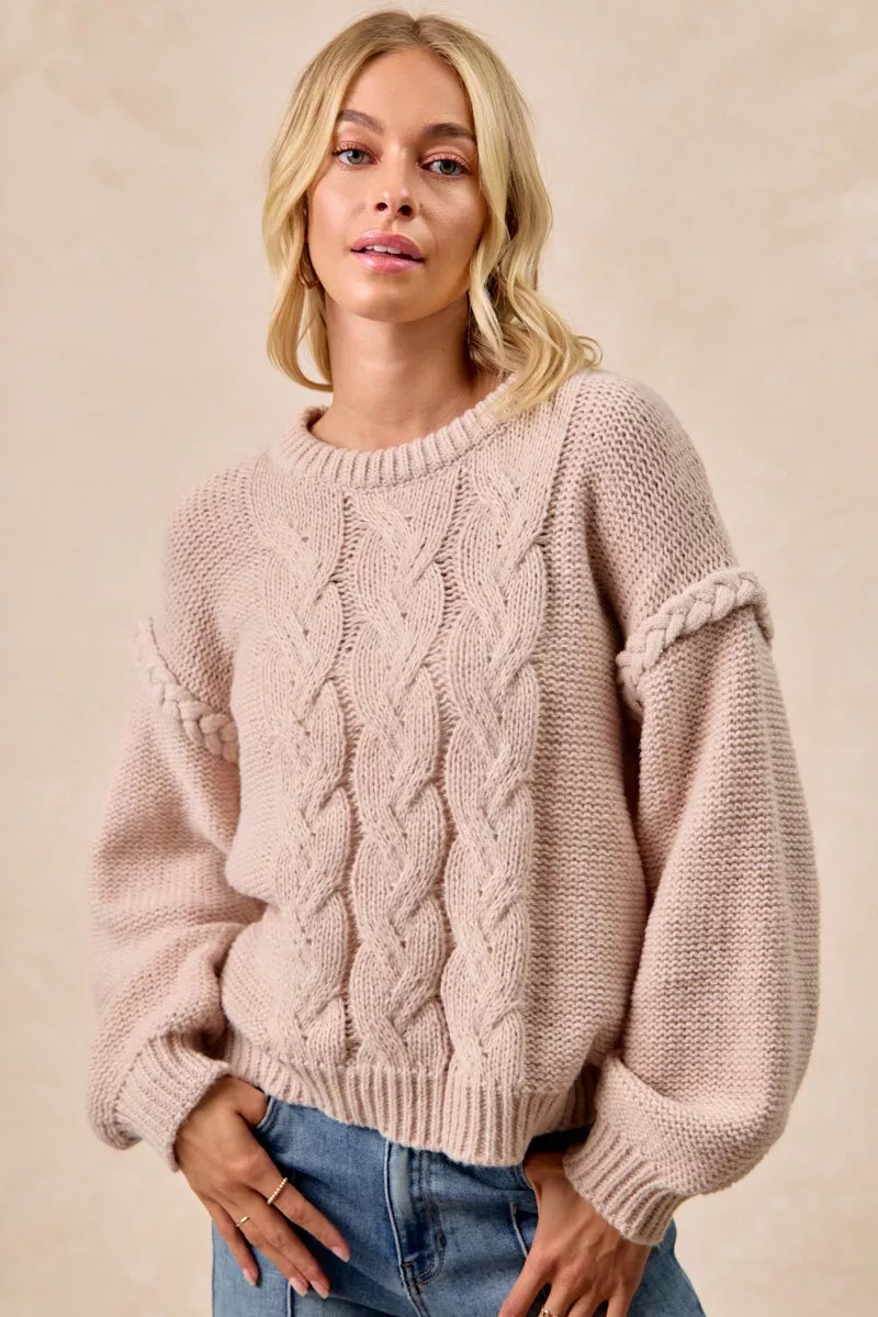 BiBi Cable Knit Sweater with Shoulder Braid Detail - Trendsi | Lola Mariee