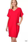 Zenana Brushed Dty Rolled Short Sleeve V-Neck Dress - Trendsi | Lola Mariee