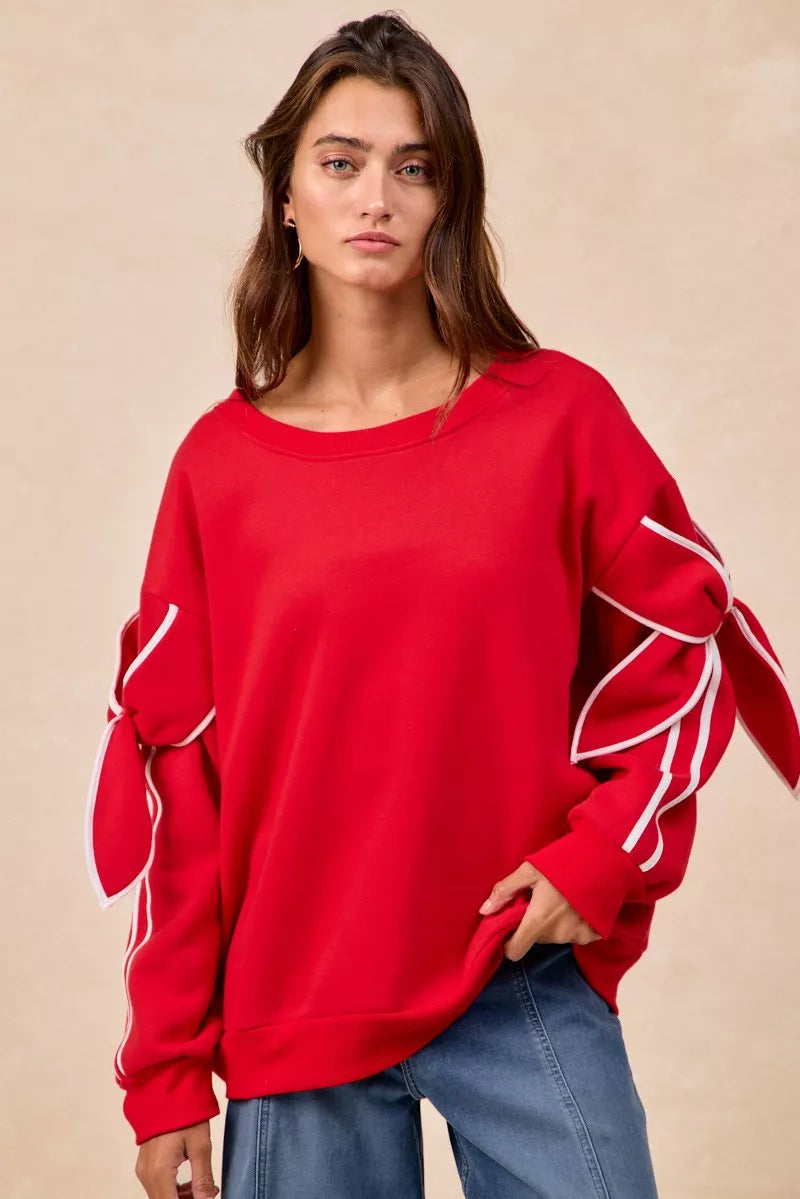 BiBi Bow Detail Sleeves Fleece Sweatshirt - Trendsi | Lola Mariee