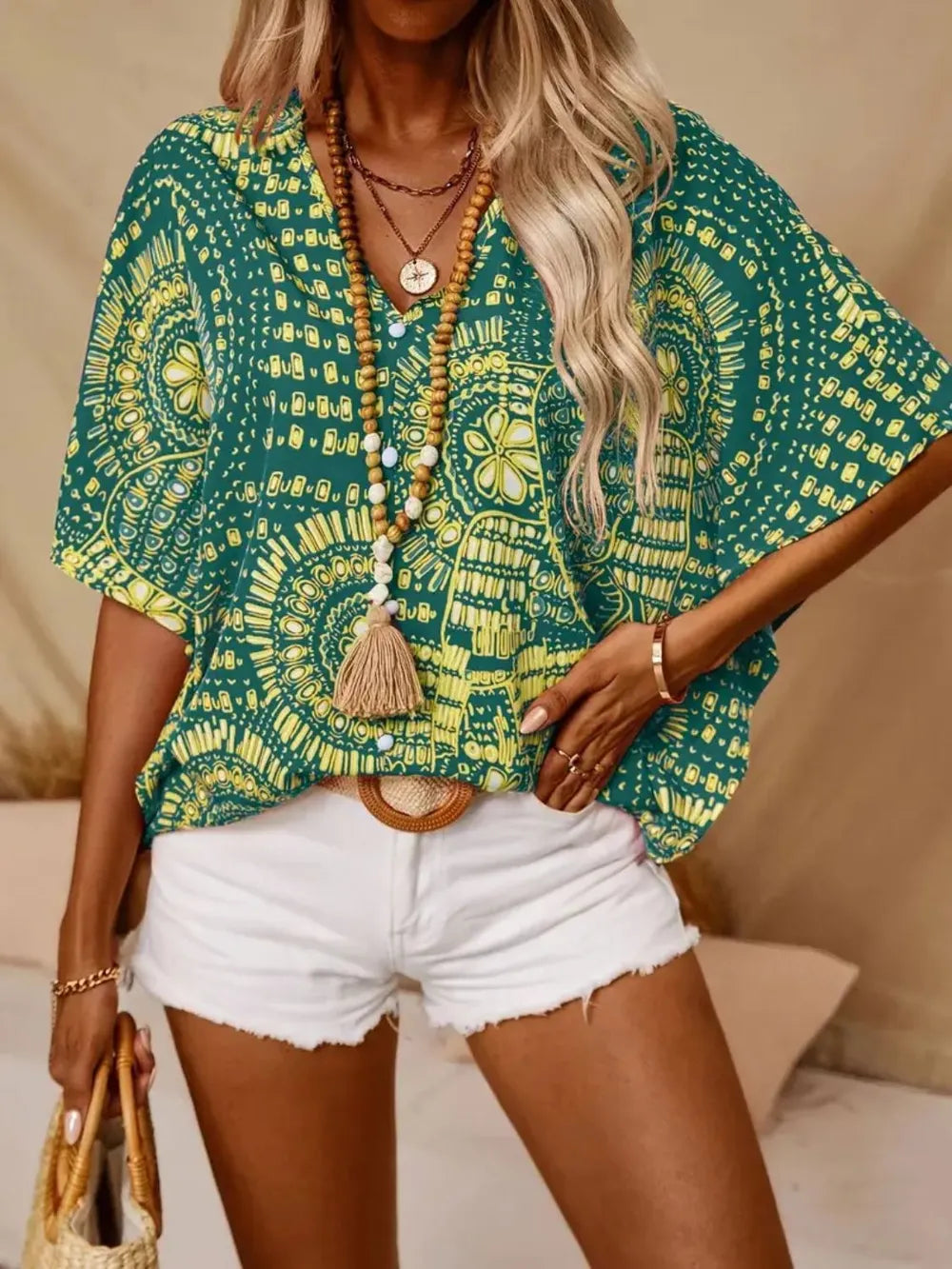 Printed V-Neck Half Sleeve Top – view 9 | Lola Mariee