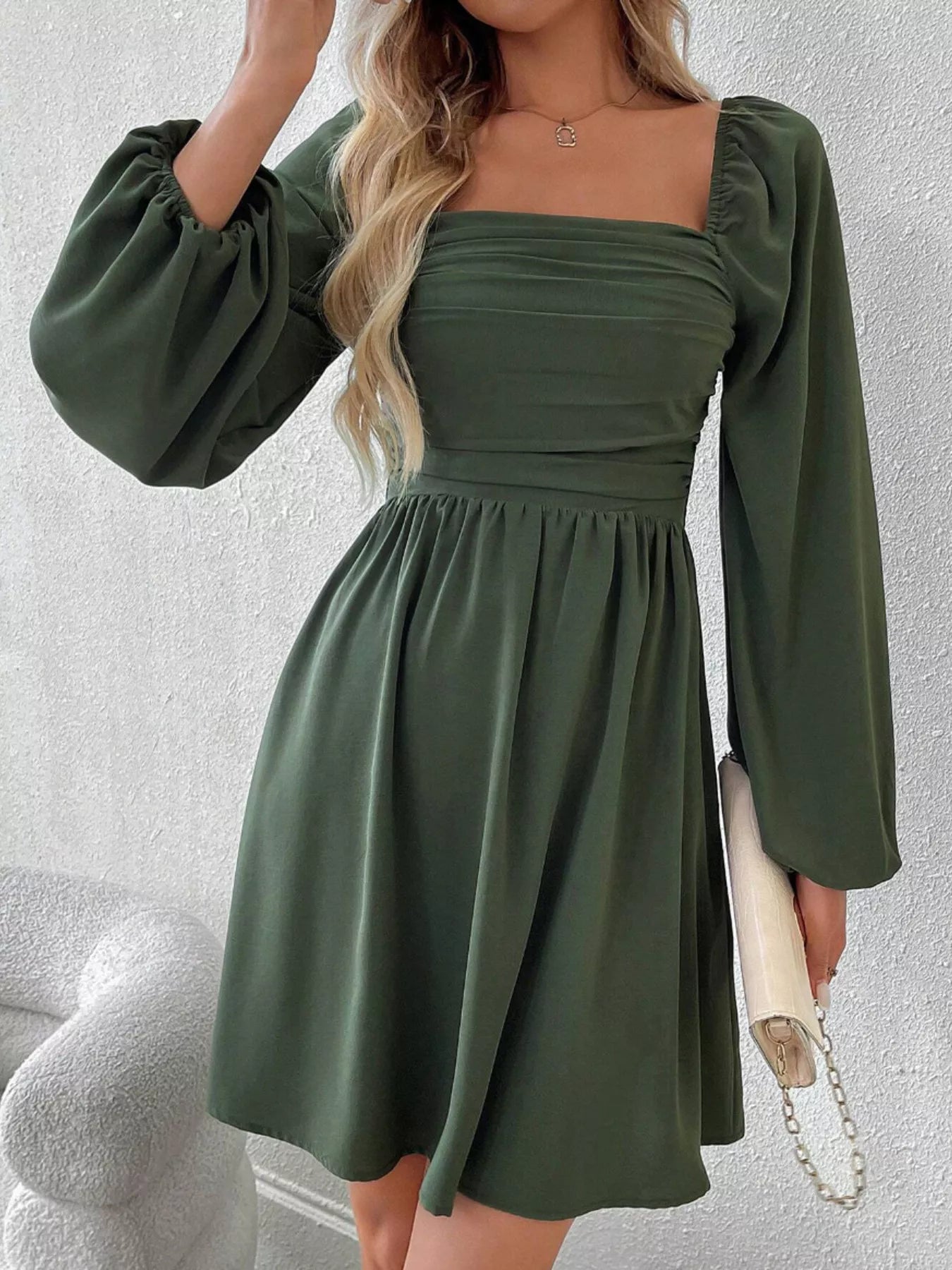 Ruched Square Neck Long Sleeve A-Line Dress – view 7 | Lola Mariee