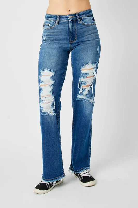 Judy Blue Full Size Mid Rise Distressed Raw Hem Jeans - women's bottoms at Lola Mariee boutique