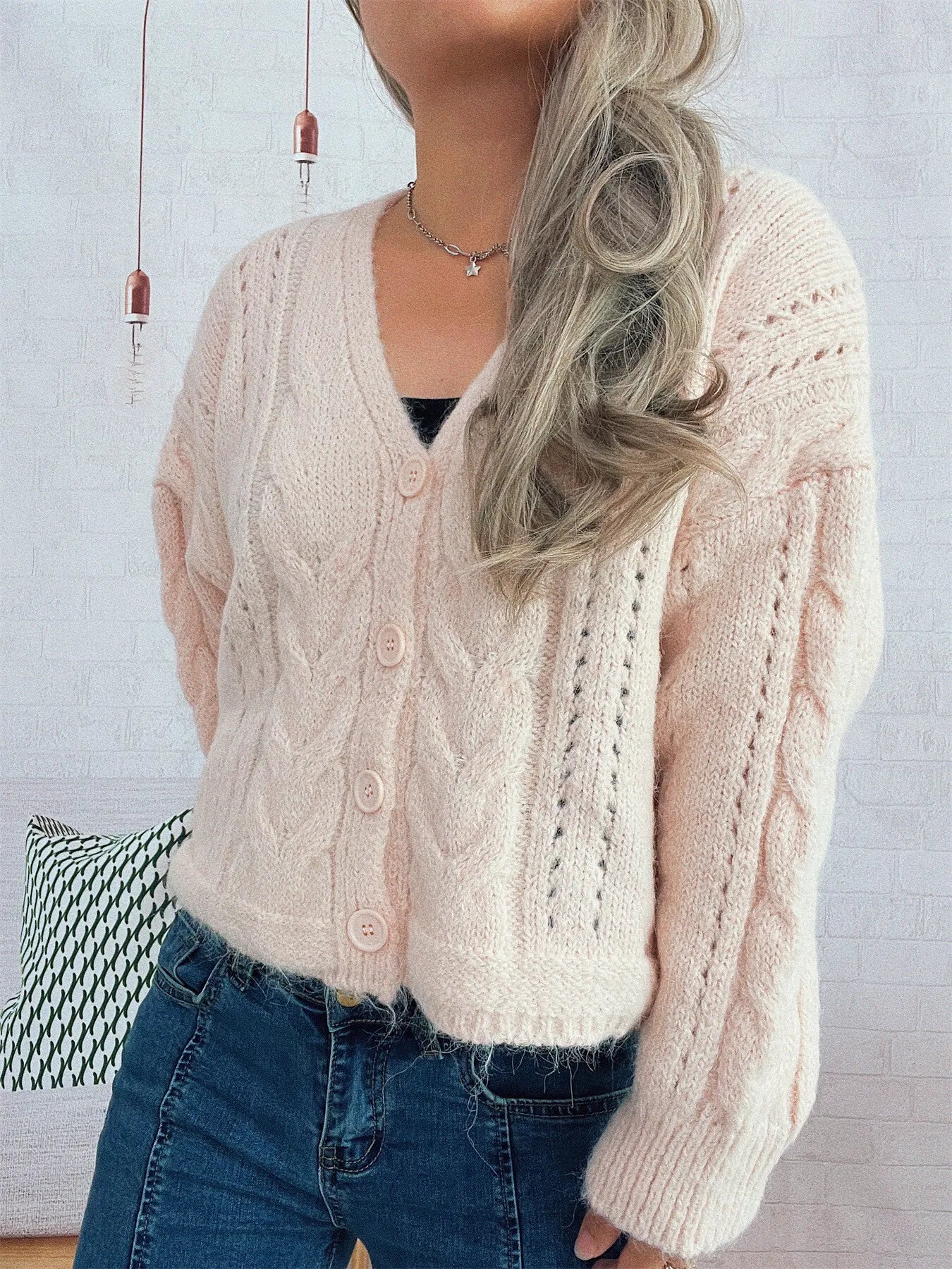 Cable Knit Button-Up Cardigan – view 8 | Lola Mariee