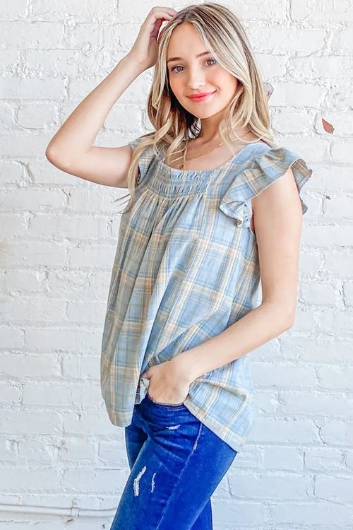 And The Why Plaid Print Smocked Detail Ruffle Baby Doll Top – view 2 | Lola Mariee