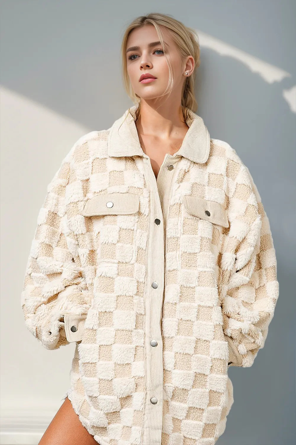 Double Take Button Up Fuzzy Checkered Shacket – view 2 | Lola Mariee