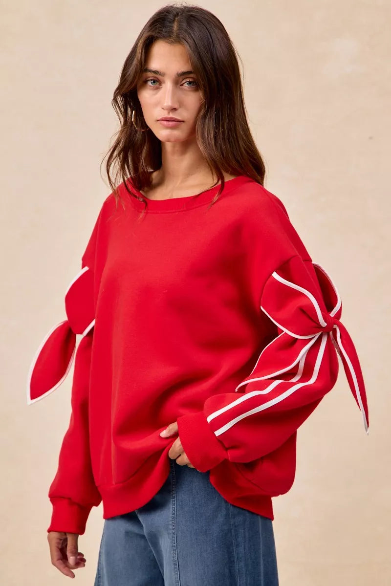 BiBi Bow Detail Sleeves Fleece Sweatshirt - Trendsi | Lola Mariee