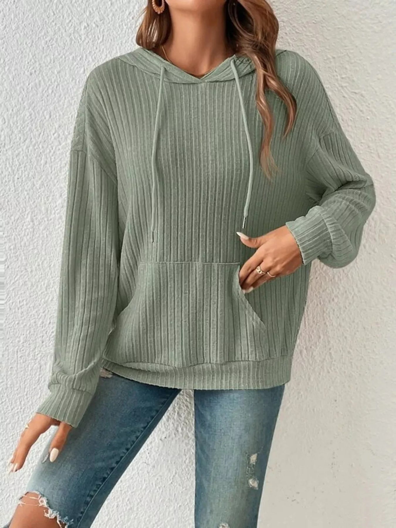 Casual Ribbed Knit Drawstring Hoodie - Trendsi | Lola Mariee