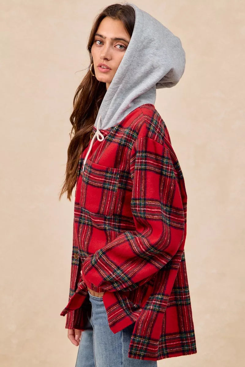 BiBi Brushed Plaid Hooded Jacket - Trendsi | Lola Mariee