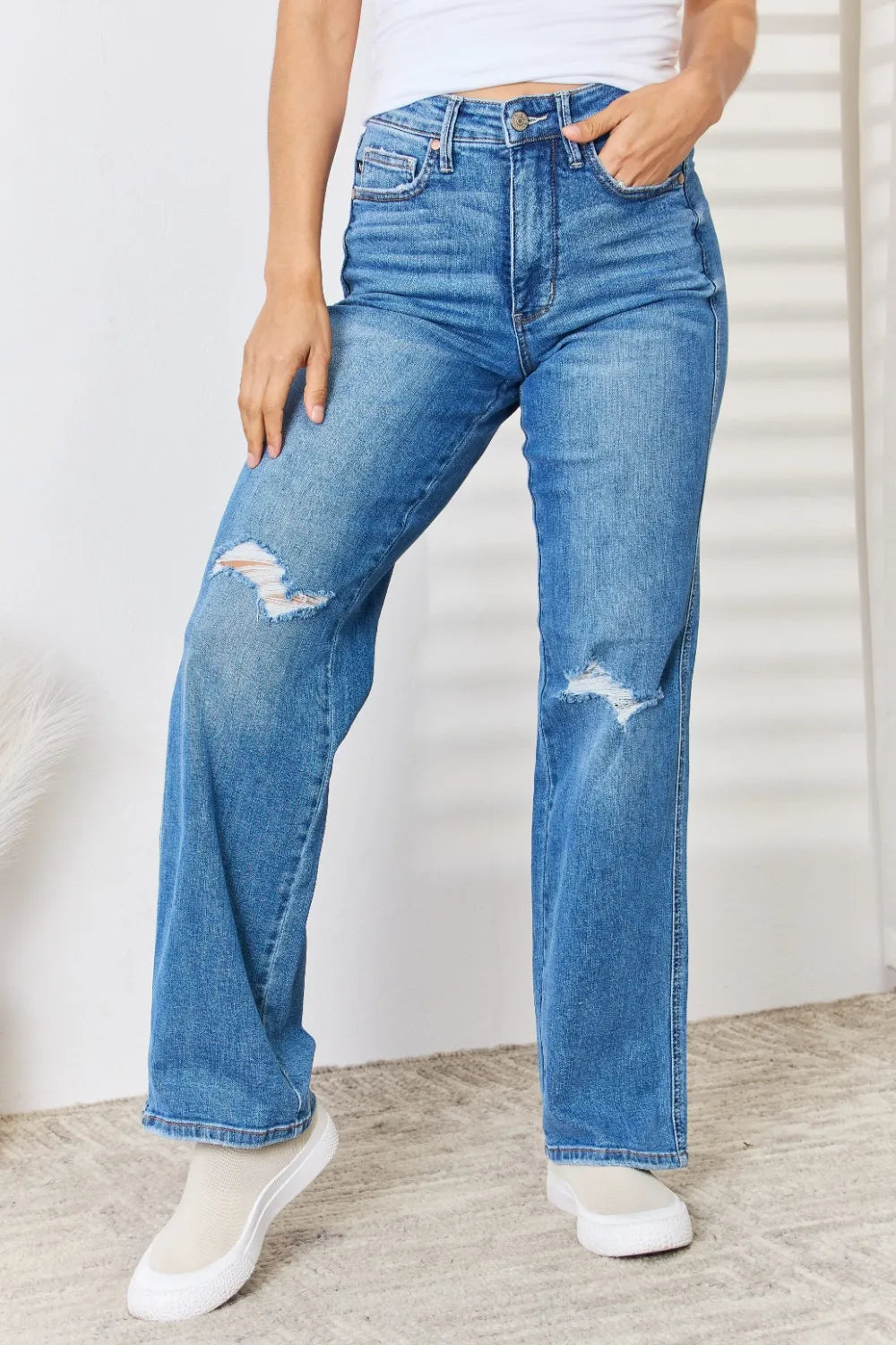 Judy Blue Full Size High Waist Distressed Straight-Leg Jeans - women's bottoms at Lola Mariee boutique
