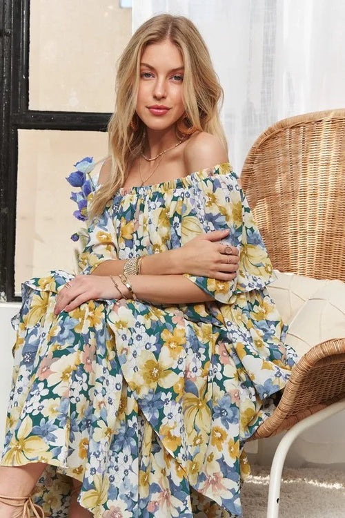 ADORA Layered Floral Off-Shoulder Short Sleeve Maxi Dress – view 2 | Lola Mariee