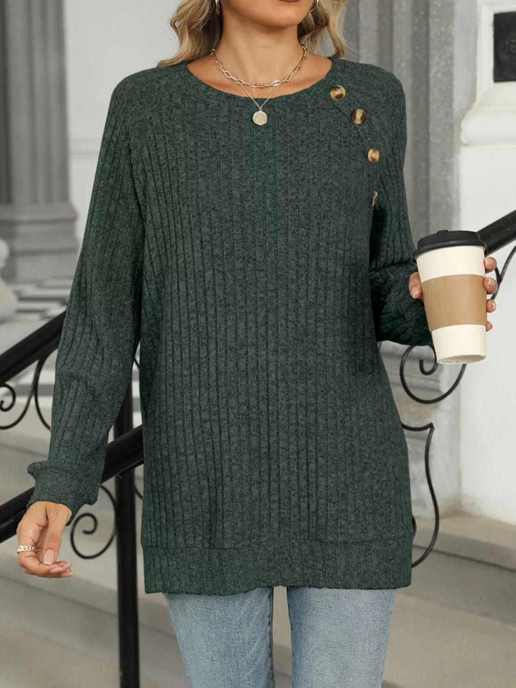 Round Neck Side Slit Ribbed Knit Top with Asymmetric Button Detail - Trendsi | Lola Mariee