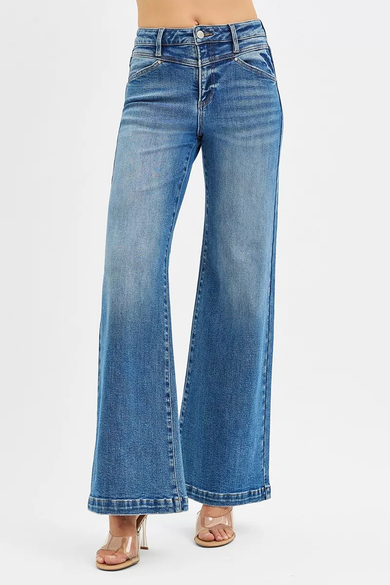 RISEN High Rise Wide Leg Jenas with Front Yoke and Heart Back Pocket - women's fashion at Lola Mariee boutique