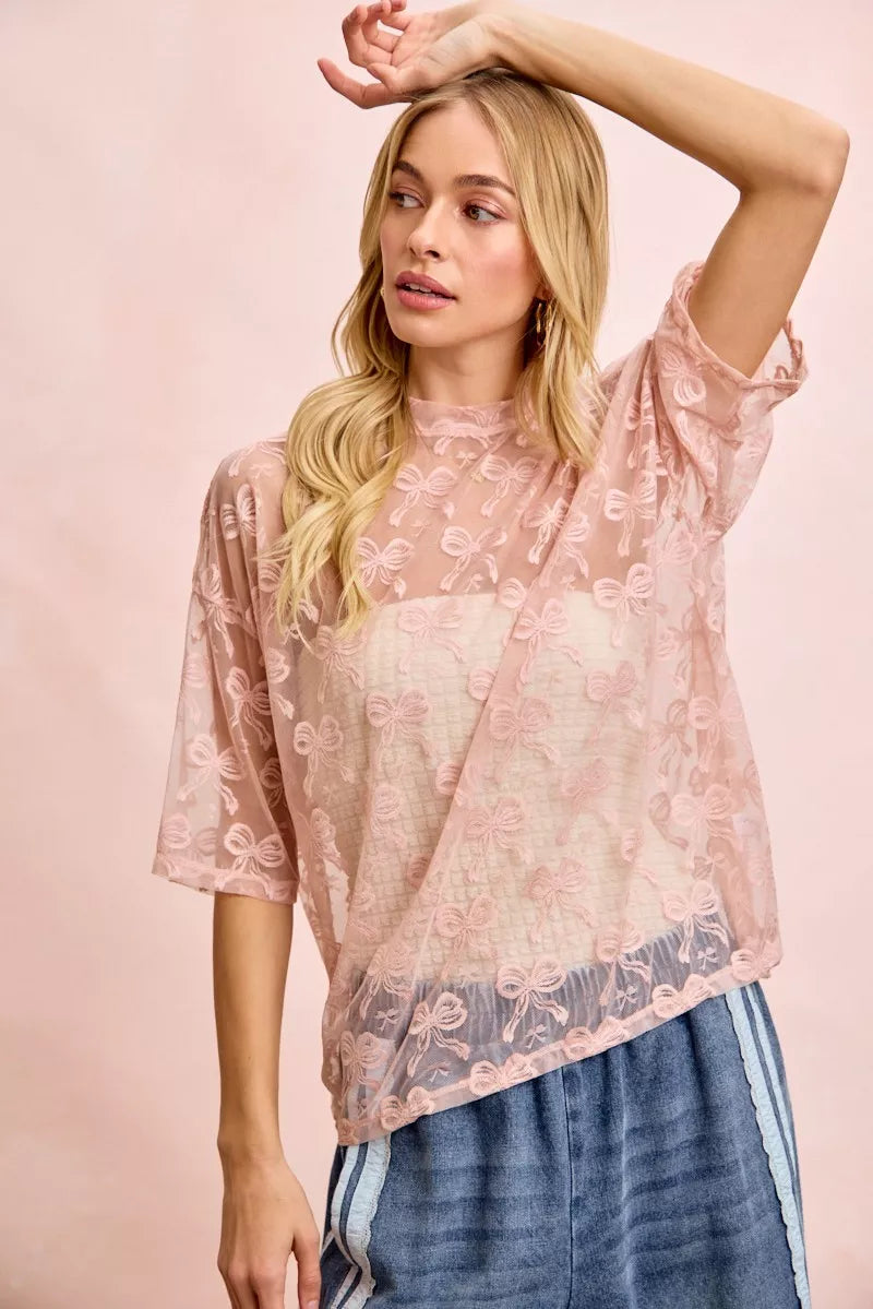 BiBi Bow Pattern Short Sleeves Boxy Mesh Top - Trendsi | Lola Mariee