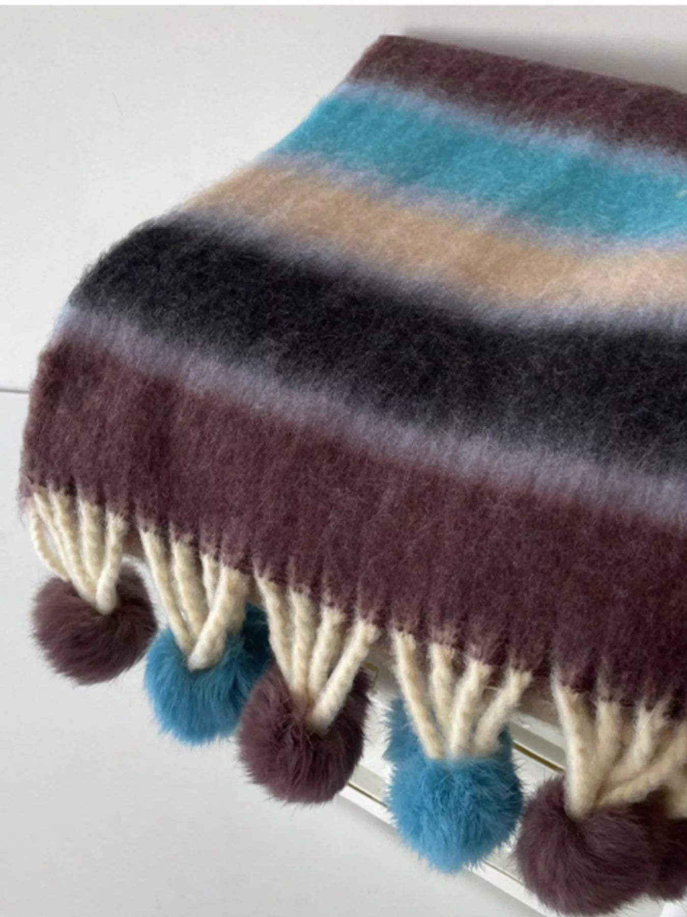 Rainbow Striped Fuzzy Scarf with Pom-Poms – view 4 | Lola Mariee